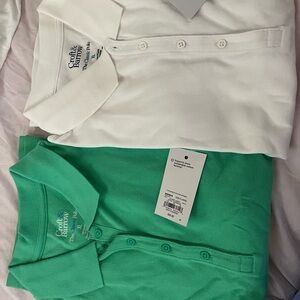 Two women’s new polo shirts - white and kelly green